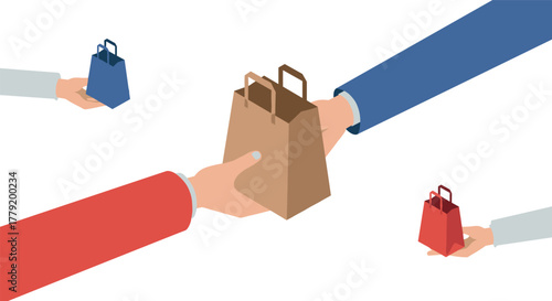 Hands exchanging shopping bags in isometric style on white background