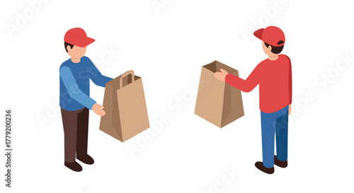 Delivery service minimalist design with two isometric workers and cardboard boxes