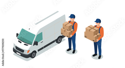 Delivery service workers unloading packages from a van in isometric style