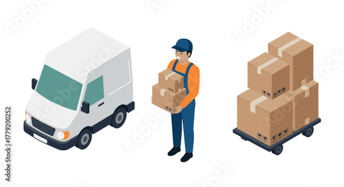 Isometric delivery concept with van, worker, and boxes on trolley