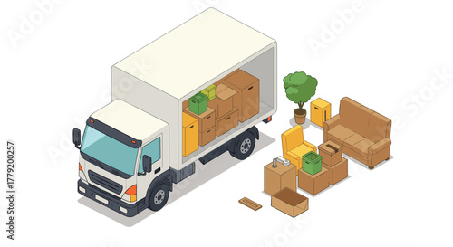 Isometric moving truck with furniture and boxes for home relocation concept