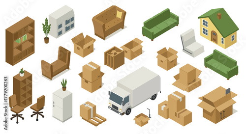 Isometric moving elements set with furniture, boxes, delivery truck, and house design