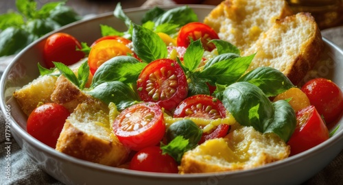Vibrant salad in a bowl with tomatoes, basil, and crusty bread pieces