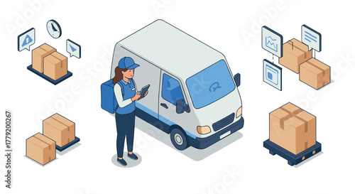 Isometric delivery concept with courier and packages around a van