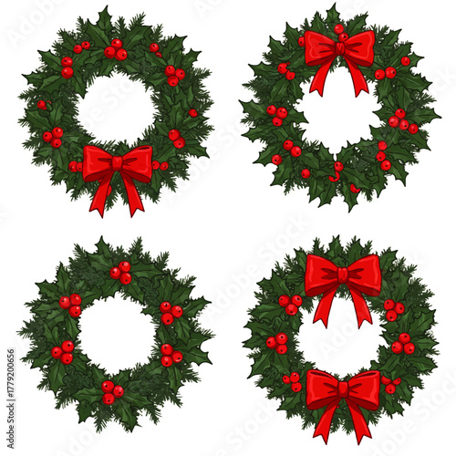 Four festive Christmas wreaths adorned with red berries and bows, arranged in a square formation on a white background.