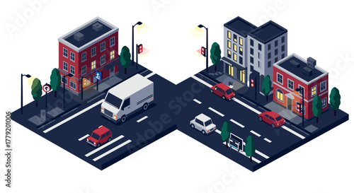 Isometric urban intersection with cars and buildings in modern cityscape