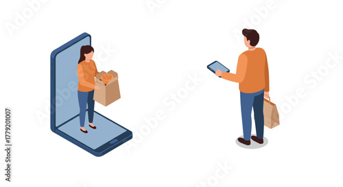 Isometric online shopping concept with digital delivery and customer interaction