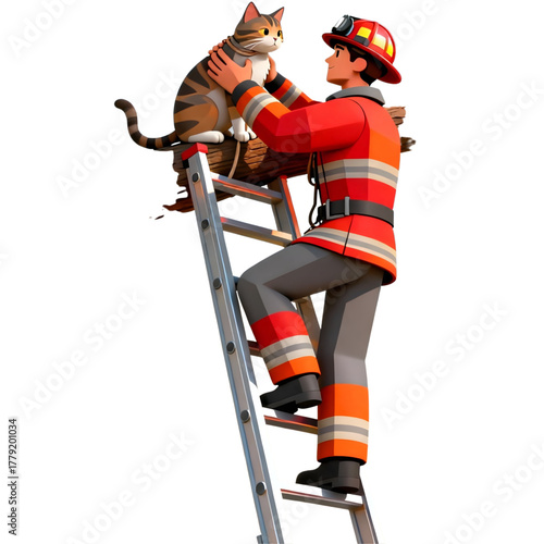 Heroic firefighter rescues a scared cat from a tree using a ladder, highlighting bravery and compassion