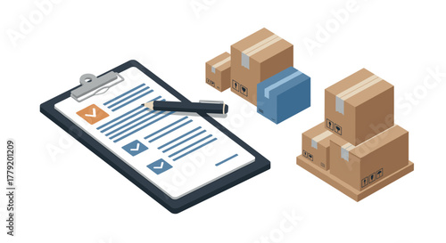 Isometric warehouse checklist with shipping boxes efficient logistics and inventory management