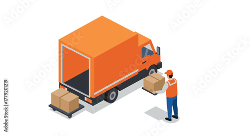 Delivery driver unloading packages from orange truck in isometric style