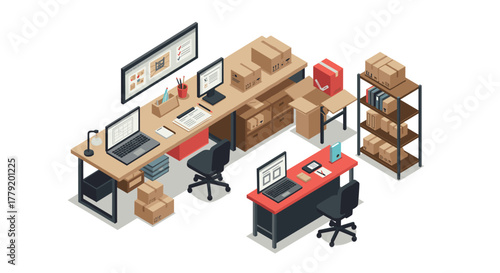 Modern office workspace with cardboard boxes and digital devices in isometric style