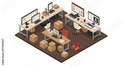 Modern isometric office workspace with computers and cardboard boxes