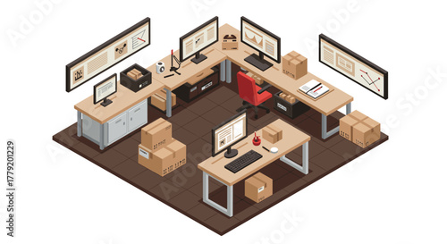 Isometric office workspace with computers and cardboard boxes
