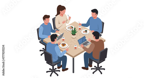 Isometric office lunch meeting with colleagues sharing a table