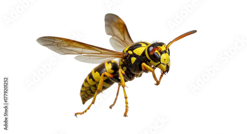 Isolated Yellowjacket Wasp Insect Posing in Flight, Closeup, High Detail, Bright and Clean