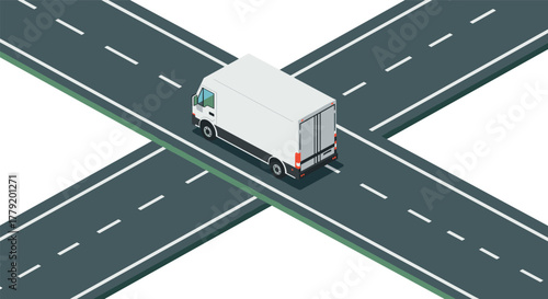 Delivery truck driving through an isometric intersection on a highway