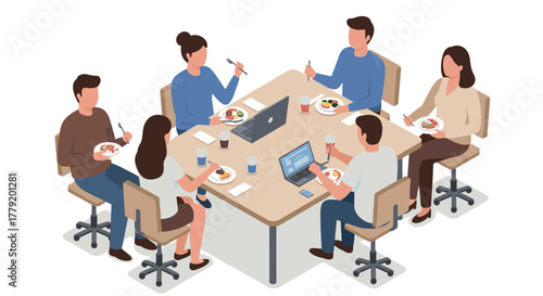 Isometric office lunch meeting with colleagues around a table with laptops and food