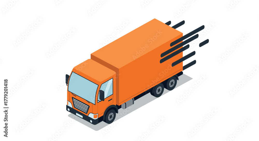 Fototapeta premium Isometric orange delivery truck in motion on white background