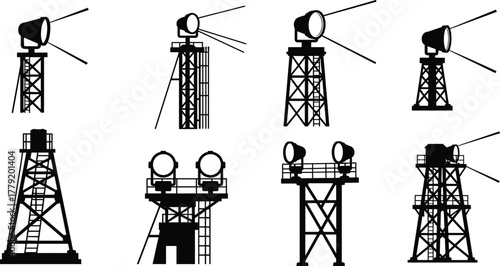 Silhouettes of searchlight towers, vector illustration of outdoor lighting structures for military, aviation, maritime, and surveillance applications
