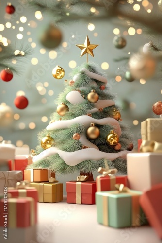 Festive christmas tree with gold ornaments and gifts in cozy holiday setting