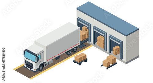 Isometric warehouse scene with delivery truck unloading cargo at docking bays
