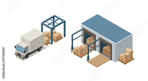 Isometric warehouse and delivery truck with cargo loading scene