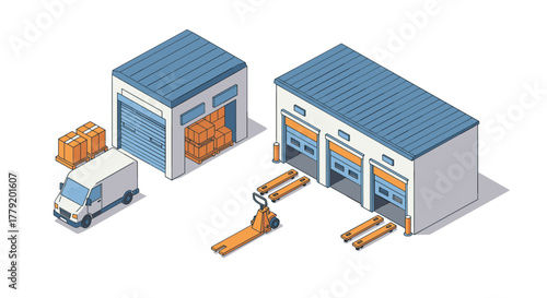 Isometric warehouse with delivery truck and loading dock illustration