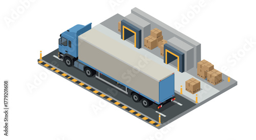 Isometric delivery truck at warehouse loading dock with boxes and cargo logistics