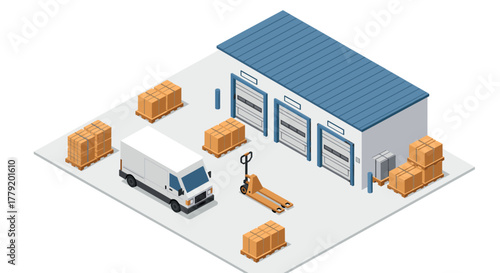 Isometric warehouse scene with delivery van and cargo pallets