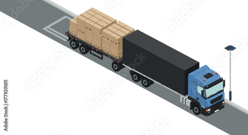 Isometric freight truck on highway with cardboard boxes and streetlight