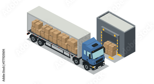 Isometric delivery truck unloading cargo at warehouse dock