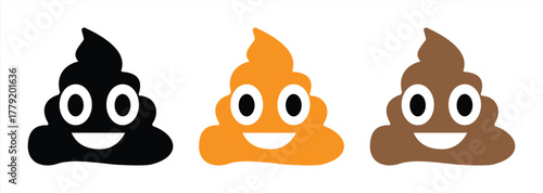 Set of Funny Poop Emoji Icons in Black, Brown, and Orange – Cute Smiling Feces Symbol for Humor and Chat Expression