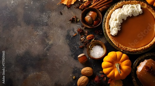 Rustic tabletop shows pumpkin pie ingredients—pumpkins, cinnamon—on right, blank left for text, warm soft light, tiny cream bowl center, acorns scattered, inviting autumn stock scene.