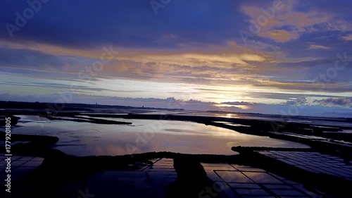 An aerial view of the salted Marshes aerial view at dusk in summer.