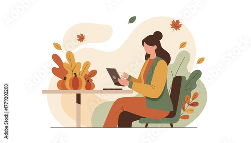 Woman working remotely on a tablet in a cozy autumn setting with pumpkins and falling leaves