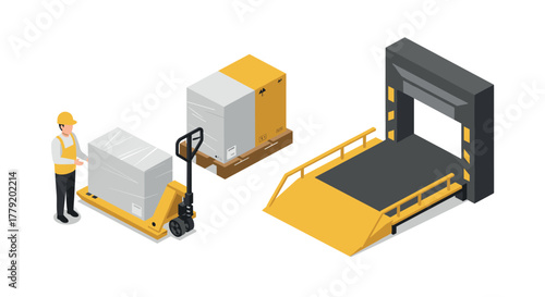 Efficient warehouse logistics with modern loading dock and pallet transport in isometric design