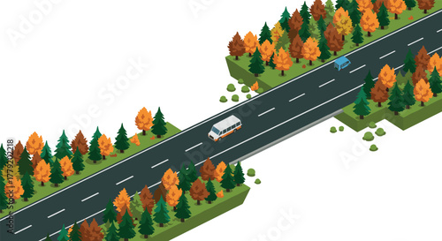 Isometric autumn roadway with vehicles and colorful trees