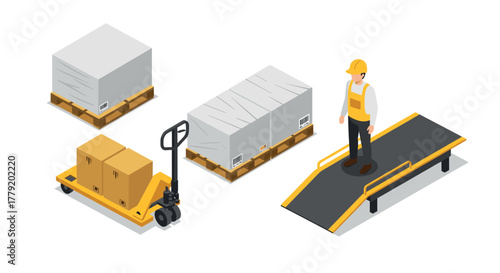 Warehouse logistics worker with pallet jack and cargo on loading ramp