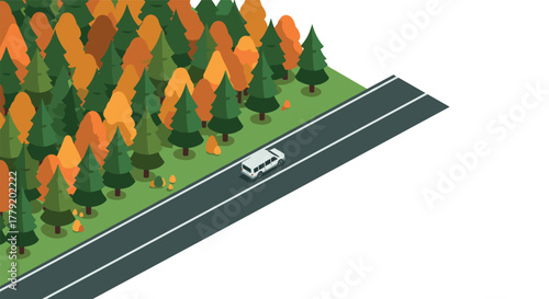 Isometric autumn road trip through vibrant forest with vehicle