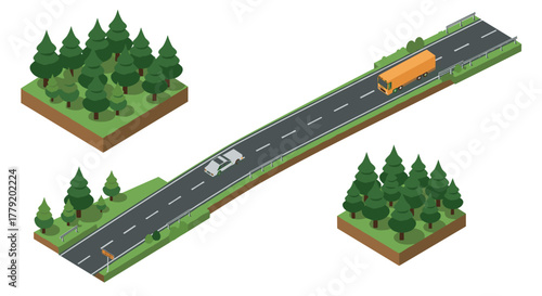 Isometric design of a highway with vehicles and forested landscape elements