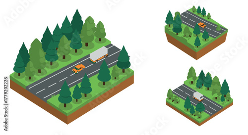 Isometric forest landscape with road and vehicles