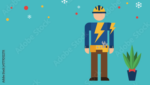 Flat design vector illustration of an electrician ready to work with winter decoration background
