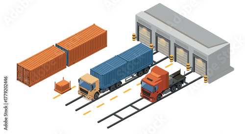 Isometric freight transport scene with containers and trucks at warehouse