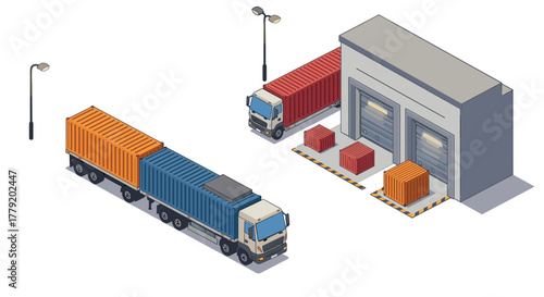 Isometric cargo truck and containers at warehouse with streetlights