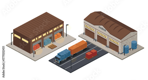 Isometric industrial warehouse scene with trucks and cargo containers