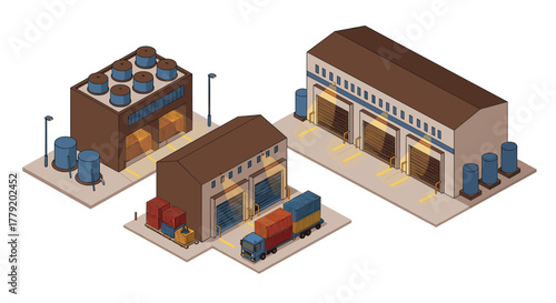 Industrial isometric warehouse complex with containers and trucks
