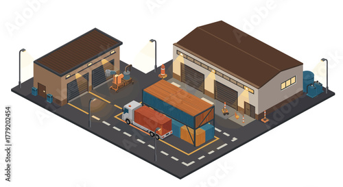 Isometric industrial warehouse scene with containers and trucks in evening light
