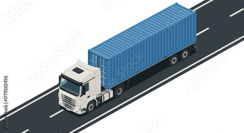 Isometric cargo truck on roadway with blue shipping container