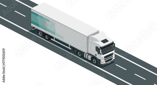 Isometric white freight truck on highway for transportation themes