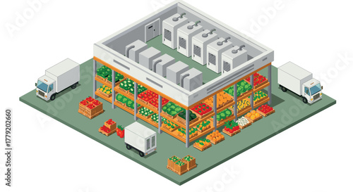 Isometric supermarket warehouse with delivery trucks and fresh produce